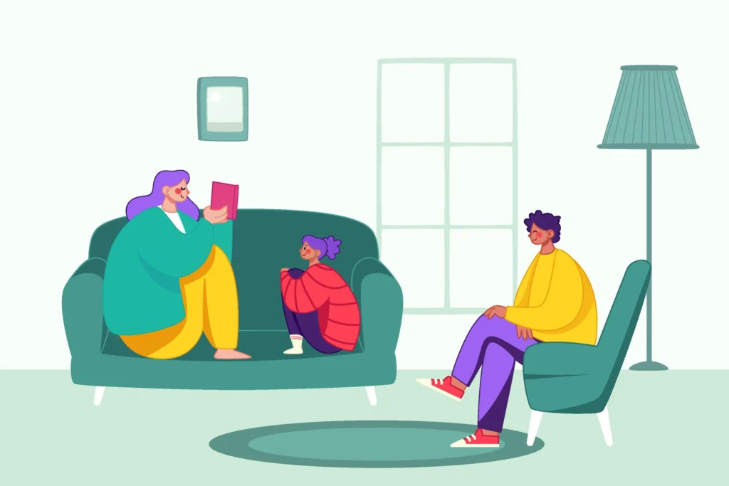 Services 5 a therapist on a chair and a parent and their child on the other chair in a family session yanir grindler clinical psychologist